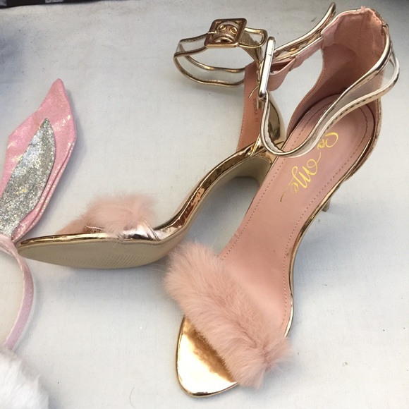 rose gold fluffy heels